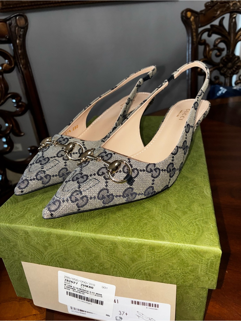 NWT Gucci Women's Slingback Pump with Horsebit Beige Blue GG Canvas Heel 37.5 - Picture 7 of 10